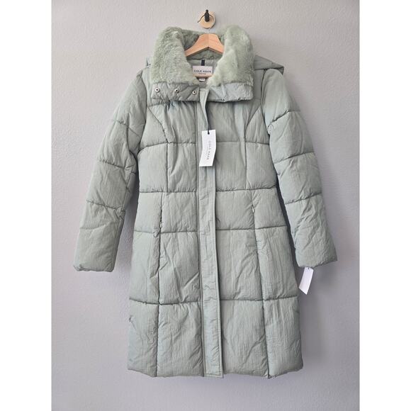 Cole Haan Signature Puffer Jacket XS Faux Fur Collar Green NWT Winter Coat - Picture 3 of 11